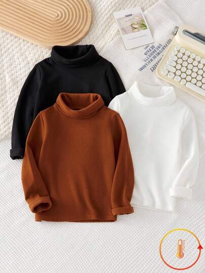 3pcs/Set Girls Young Girl Solid Color Casual Cute Velvet Soft Warm Undershirt, Suitable For Outerwear,Small Turtleneck