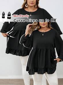 SHEIN CURVE+ 加大码纯色荷叶边下摆套头衫，适合女士休闲外出秋季服装、冬季服装、CURVE PLUS - 黑色 - 查看 1