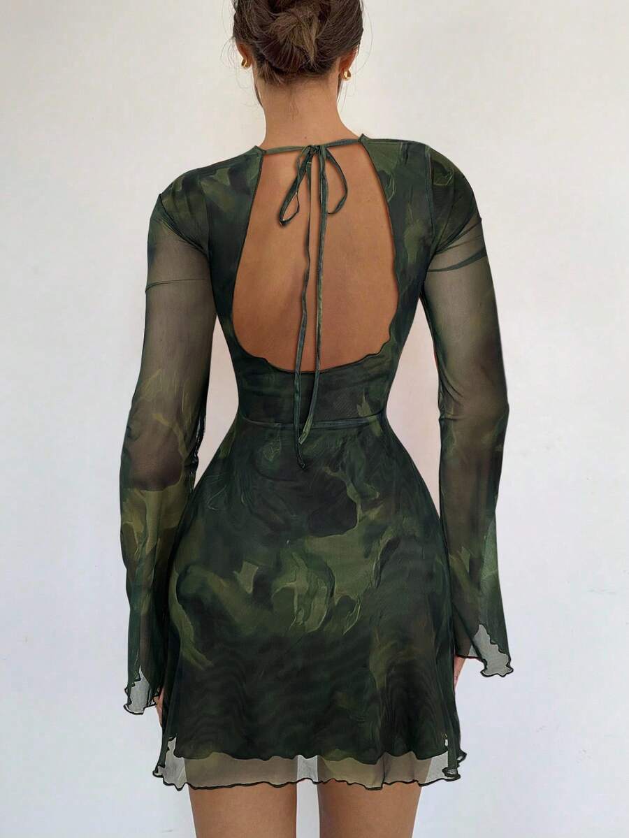 Siren Gaze 女士时尚性感扎染露背迷你连衣裙 - 軍綠色 - 查看 1