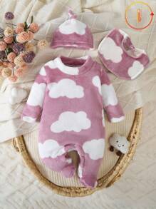 3 件套新生女婴莲花粉色长袖连体衣、帽子和围兜，可爱风格家居服 - 藕粉色 - 查看 5