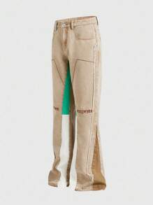 ROMWE MEN Street Life Men's Casual Patchwork Contrast Color Flared Jeans - Khaki - View 6