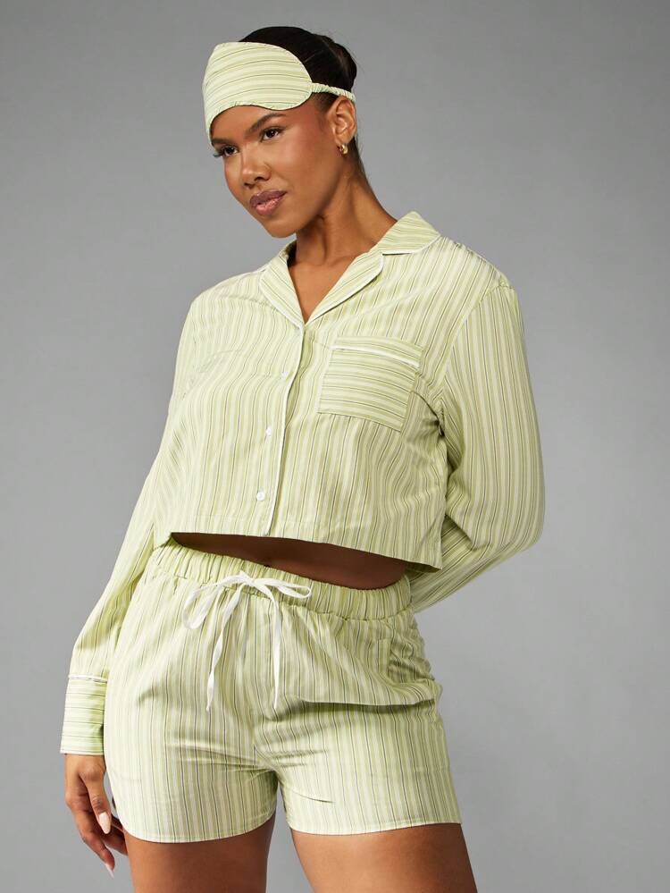 MISSGUIDED Striped Pajama Set Long Sleeve Button Down Shirt And Drawstring Shorts Two Pieces Sleep Set With Eye Mask Perfect For Loungewear Sleepwear, Fall Clothes