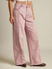 WESTFADE 中腰乡村西部接缝阔腿磨边牛仔裤，重返校园 - 粉色 - 查看 5