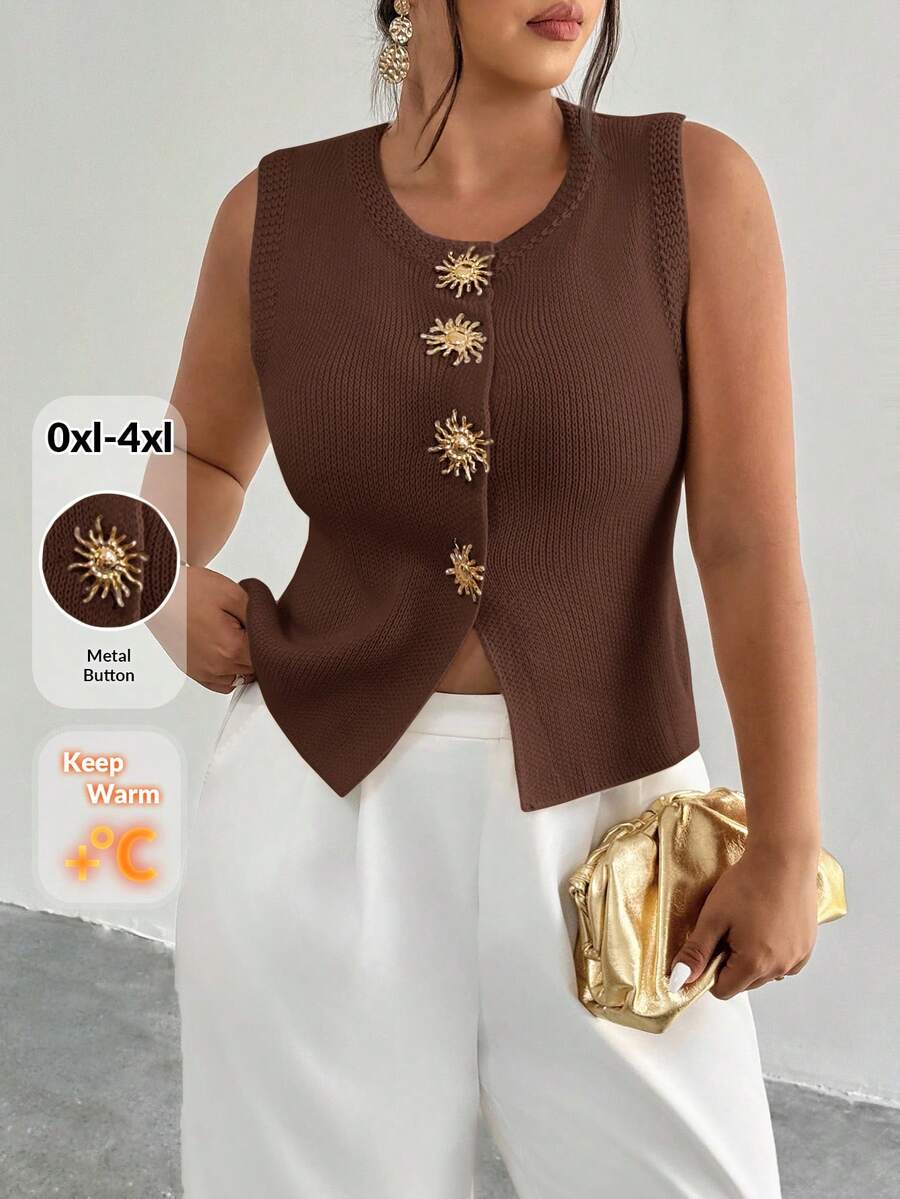 Firerie Damska metalowa ozdoba słoneczna z okrągłym dekoltem, modna dzianinowa kamizelka w dużym rozmiarze, bez rękawów, dzianinowy top w kolorze brązowym, damska letnia bluzka, dzianinowy top, sweter, kamizelka na jesień/zimę