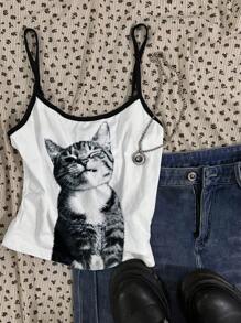 Attitoon 女士休闲性感吊带背心可爱猫咪印花紧身吊带背心，适合夏季、Y2K、街头风格