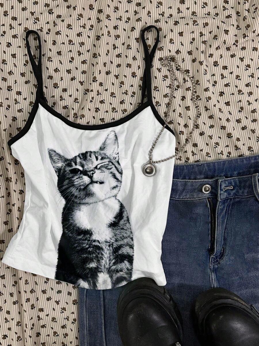 Attitoon 女士休闲性感吊带背心可爱猫咪印花紧身吊带背心，适合夏季、Y2K、街头风格