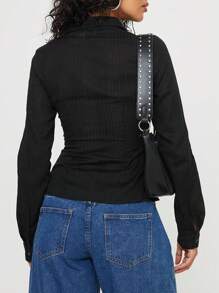 INAWLY Camisa negra de manga larga ajustada con botones delanteros de unicolor, informal, para mujer - Blusas de manga larga - Negro - Ver 2