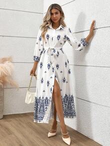 Gloray Women's Elegant Faux Linen Bamboo Knot Waist Dress - Blue and White - View 1