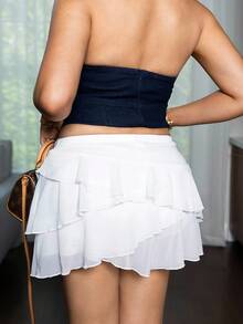 Melissa Matos Women's Multi-Layer Ruffle Trim Low Rise Y2K Mini Black Skirt - White - View 2