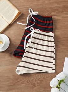 SHEIN 2pcs Set Apricot Striped Casual Sleep Shorts, Suitable For Summer - Multicolor - View 5