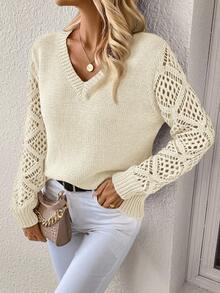 EMERY ROSE Casual Versatile Solid Color Hollow-Out Knit Patchwork Sweater In Fall/Winter - White - View 5