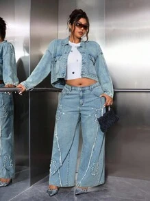 Jeanoix Quần jean ống rộng rộng rãi, thoải mái, sờn rách, đính đá Rhinestone cỡ lớn - Màu xanh lam - Xem 1