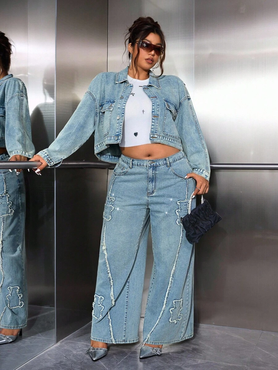 Jeanoix Quần jean ống rộng rộng rãi, thoải mái, sờn rách, đính đá Rhinestone cỡ lớn - Màu xanh lam - Xem 1