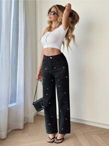 Siren Gaze Women's Summer Fall Autumn Back To School Homecoming Halloween Y2k Cute Streetwear Goth Grunge Techno Birthday Night Out Going Out Club Airport Business Casual Woman Country Vintage Modest Old Money Business Casual Woman Work Clothes Solid Color Minimalist Everyday Rhinestone Decorated Denim Black Jeans Black - Black - View 7