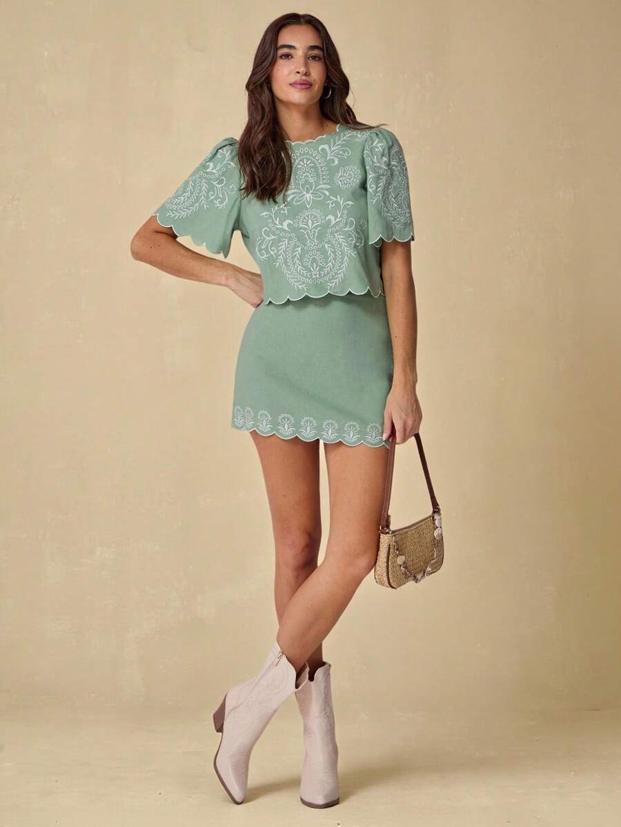 Enchnt 夏季休闲刺绣泡泡袖上衣和裙子两件套