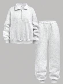 Girlism 2 件套青少年女孩灰色基本款半拉链连帽衫和抽绳运动裤、休闲运动服、家居服 - 淺灰色 - 查看 11