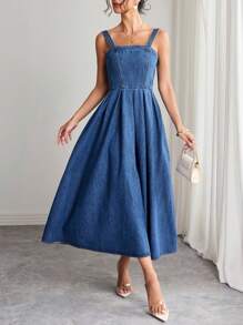 Elenzga Women's Solid Color Minimalist Everyday Sleeveless Washed Pleated Long Denim Dress ,Casual Elegant Lady