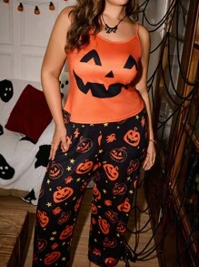 Plus Size Women Halloween Pumpkin Print Cami Top And Pants Pajama Set, For Halloween Party - Multicolor - View 3