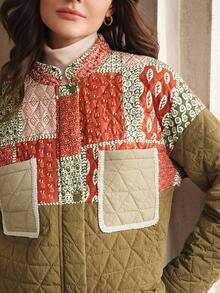 Anewsta 女士秋冬时尚印花拼布夹棉军绿色长袖夹棉大衣 - 軍綠色 - 查看 8