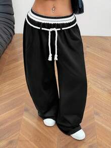 Coolane 女士秋冬街头风外出休闲装扮宽松弹力腰带舒适黑色筒状裤 - 黑色 - 查看 2