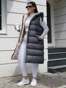 EURMUSE Plus Size Zip Up Drawstring Hooded Puffer Vest Coat - Dark Grey - View 7