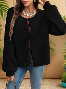 EURMUSE Casual Loose Solid Color Tie Front Long Sleeve Cardigan For Women,Cardigans,Petite,Tall