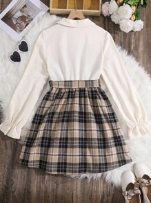 SHEIN 少女棕色格子荷叶袖系带衬衫领连衣裙/返校季校园纹理连衣裙，腰部系带撞色设计，适合冬季、假日、新年、复古、圣诞节、新年等场合。 - 卡其色 - 查看 6