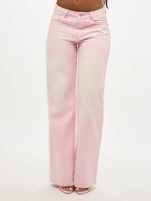 SUMWON WOMEN Quần jeans ống rộng cạp cao phong cách Y2K cổ điển, vừa vặn, thời trang - Hồng - Xem 6