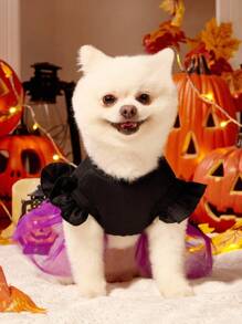 1 件猫狗通用卡通骷髅印花蝙蝠装饰万圣节紫色网眼拼布盖袖可爱宠物连衣裙，适合万圣节派对，PETSIN 原创设计 - 彩色 - 查看 4