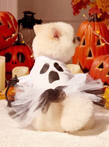 1pc Cartoon Scary Face Print White Mesh Patchwork Halloween Pumpkin Cute Cap Sleeve Dog Dress, Suitable For Cats And Dogs, For Halloween Party, PETSIN Original Design - Multicolor - View 2