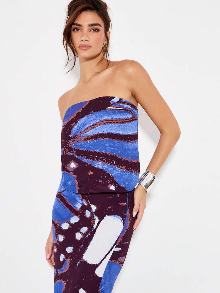 KIZN Strapless Bodycon Top And High Slit Maxi Skirt With Abstract Print