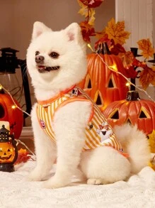 2pc Pet Cat Dog Universal Halloween Striped Pumpkin Ghost Cartoon Pattern Printed Fashionable, Breathable And Comfortable Dog Vest, PETSIN Original Design - Multicolor - View 7