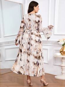 Modelyn Plus Size Color Block V-Neck Flare Sleeve Twist Knot Dress For Women - Multicolor - View 3