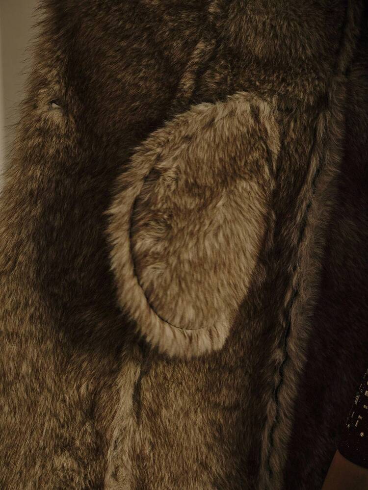 PU LEATHER FUZZY PANEL LAPEL COLLAR SINGLE BREASTED PLACKET BELTED COAT , FALL WINTER