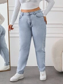 SHEIN Cottnline 100% Baumwolle Plus hohe Taille Mom Fit Jeans - Helle Waschung - Übersicht 7