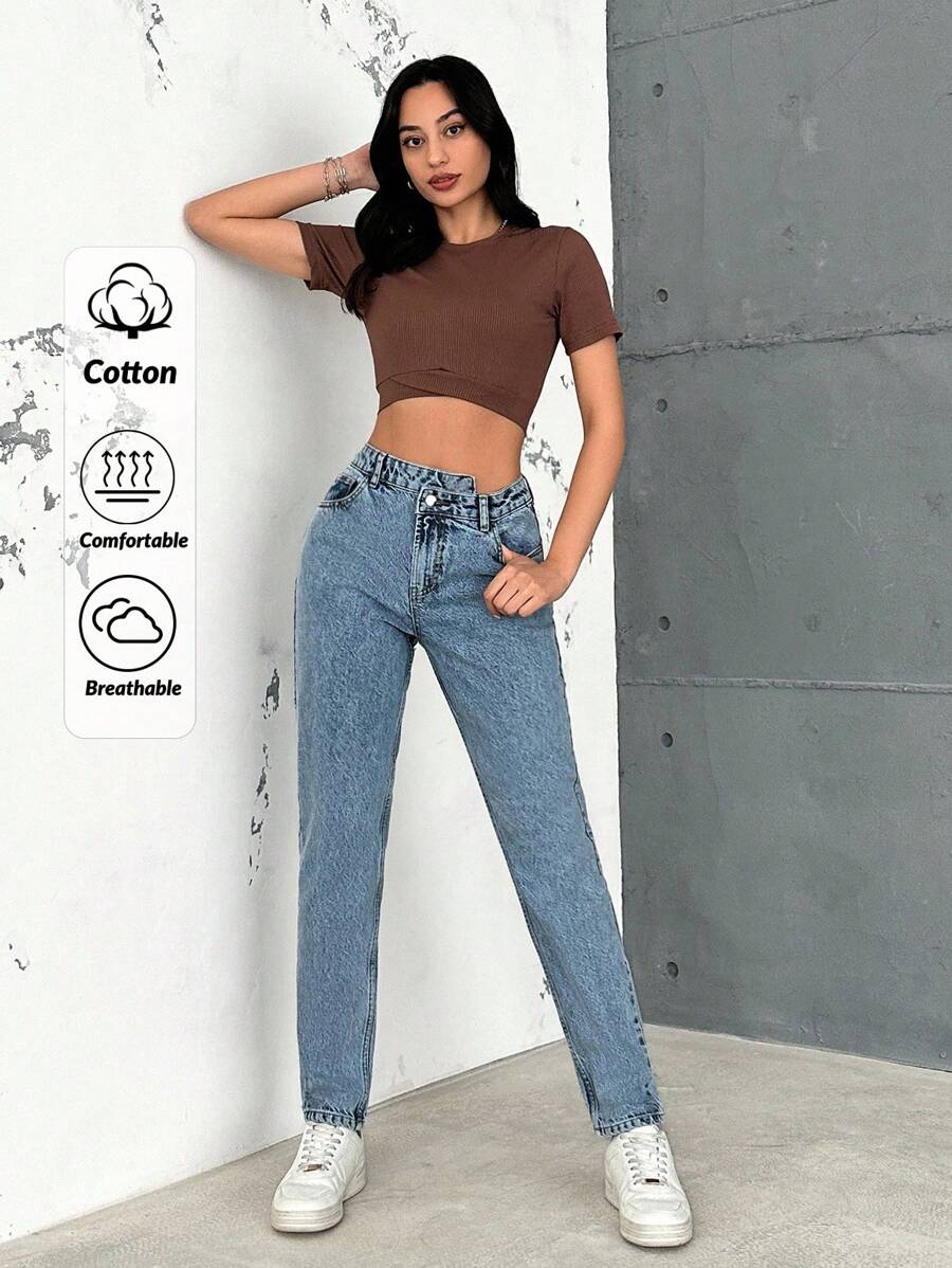 RueChic Cross Waist Detailed Women Jeans - Blue - View 1