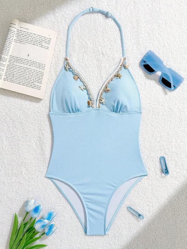 SHEIN Teen Girls One-Piece Swimsuit, Blue Striped Swimwear With Starfish & Shell Decor, Adjustable Shoulder Straps