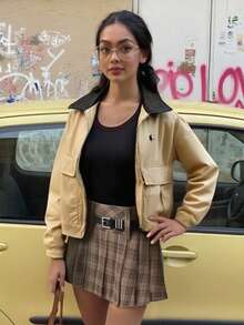 女式卡其色长袖夹克外套，户外休闲拉链开衫，秋季 - 卡其色 - 查看 3