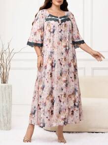 Al Najma Vestido árabe de talla grande para mujer, de estilo casual y suelto, con parches de encaje y mangas tres cuartos - Multicolor - Ver 7