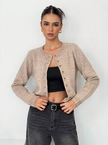 SHEIN Tall Autumn And Winter Women's Khaki Round Neck Long Sleeve Single-Breasted Casual Short Wool Knit Thick Cardigan, Short Jumper, Cute Jumper, Fall Women Clothes, Going Out Tops, Business Casual Woman, Fall Sweaters, Office Attire, Basic Sweaters,Fall Clothes For Women,Chic Blouse For Women,Long Sleeve Going Out Top,Elegant,Civil Wedding,Wedding Guest , Party