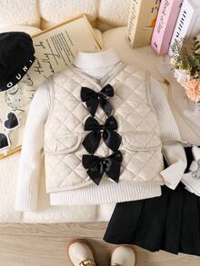 Young Girls Casual Cute Bowknot Quilted Vest - Apricot - View 1