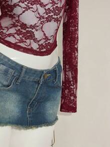 SHEIN ICON 女式酒红色蕾丝露肩性感紧身长袖半透明衬衫 - 酒紅色 - 查看 8