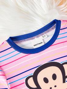 Paul Frank X SHEIN 2 件套少女条纹印花圆领长袖上衣和裤子休闲舒适睡衣套装 - 粉色 - 查看 3