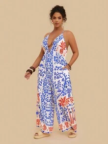 Travachic Plus Size Women's Blue & White Tropical Plant Print Jumpsuit, V-Neck Sleeveless Long Wide Leg Jumpsuit With Pockets Chic Women's Jumpsuit  Country Concert Outfit - Blue and White - View 5