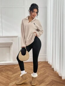 SHEIN 2 件套女士休闲卡其色纯色长袖运动衫和黑色裤子套装 - 卡其色 - 查看 5