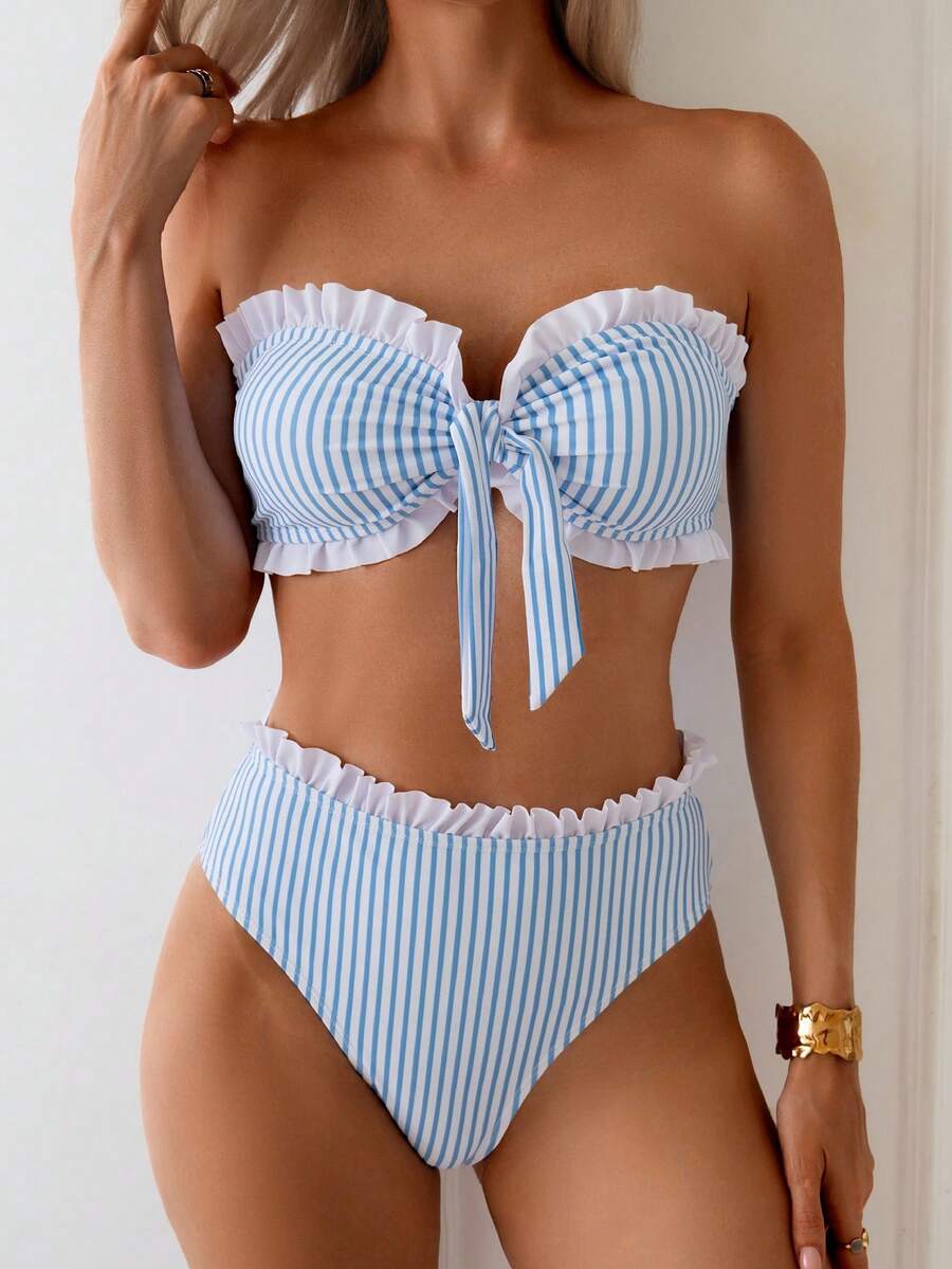 SHEIN Swim Spring/Summer Beach Vacation Striped Print Ruched Neckline Ruffled Hem Top And Ruffled Waist Shorts 2 Pieces Set - Multicolor - View 1