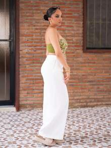 Melissa Matos Elegant Office Wear Loose Harem Pants, Elastic Waistband, Textured Fabric Women Extra Long Trousers - White - View 6