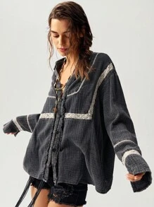 Bohemela Women's Vacation Casual Washed Contrast Lace Blouse,Ladies Long Sleeve V Neck Oversized Dark Grey Drop Shoulder Women Blouses,Spring/Fall Daily Wear - Dark Grey - View 9
