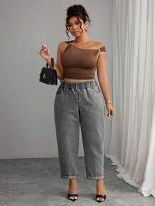 Elenzga Plus Size Women's Pocket Design Tapered Leg Casual Versatile Jeans - Light Grey - View 5