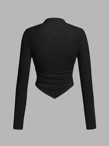 SHEIN SXY Bộ 2 áo thun tay dài cổ bẻ viền bất đối xứng, màu đen và đỏ - Màu Đỏ Sâu - Xem 4
